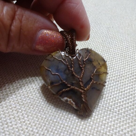 Natural MONTANA AGATE Handmade COPPER WIRE-WRAPPED HEART Pendant/Chain #424C - Picture 2 of 3
